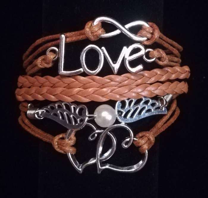 Love , Infinity , Angel Wings , Heart Vegan Leather & Wax String Multilayer Charm Bracelet - Tan