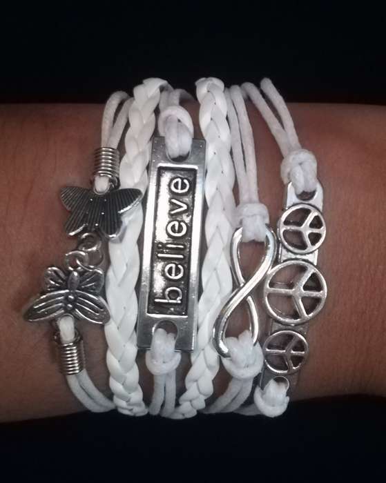 Peace , Infinity , Believe, Butterfly Vegan Leather & Wax String Multilayer Charm Bracelet - White
