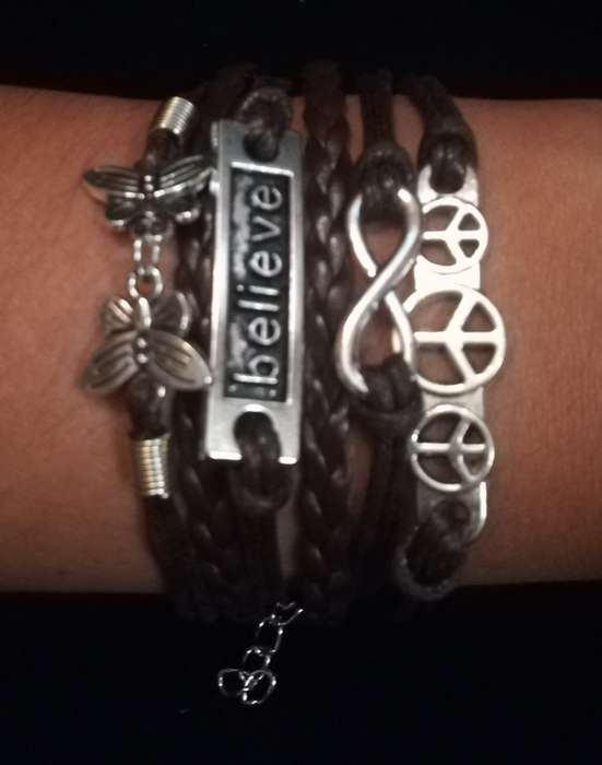 Peace , Infinity , Believe, Butterfly Vegan Leather & Wax String Multilayer Charm Bracelet - Brown