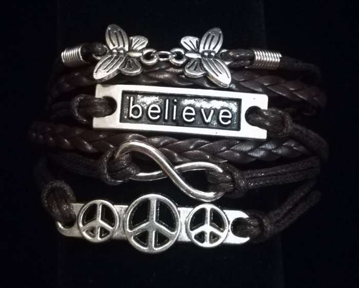 Peace , Infinity , Believe, Butterfly Vegan Leather & Wax String Multilayer Charm Bracelet - Brown