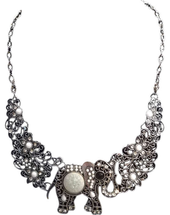 Boho Vintage Choker Style Silver Necklace with Elephant Design - White & Cream