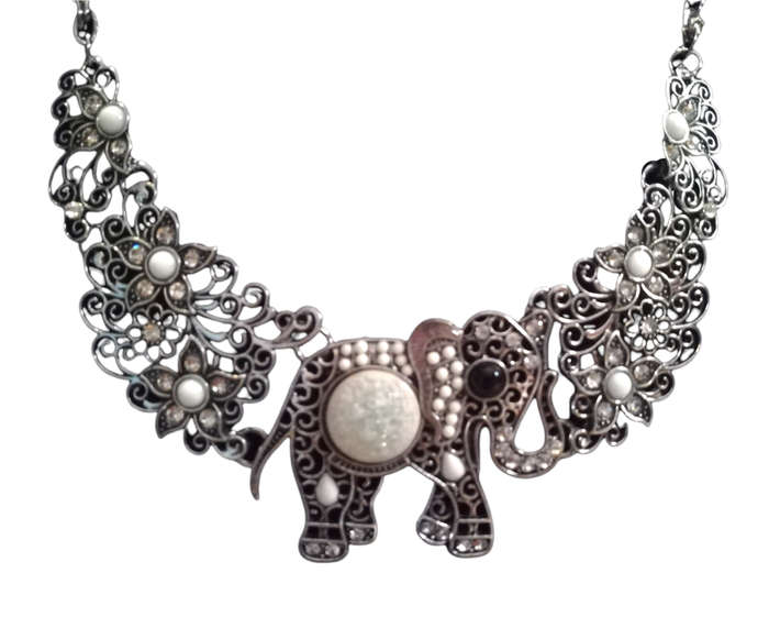 Boho Vintage Choker Style Silver Necklace with Elephant Design - White & Cream