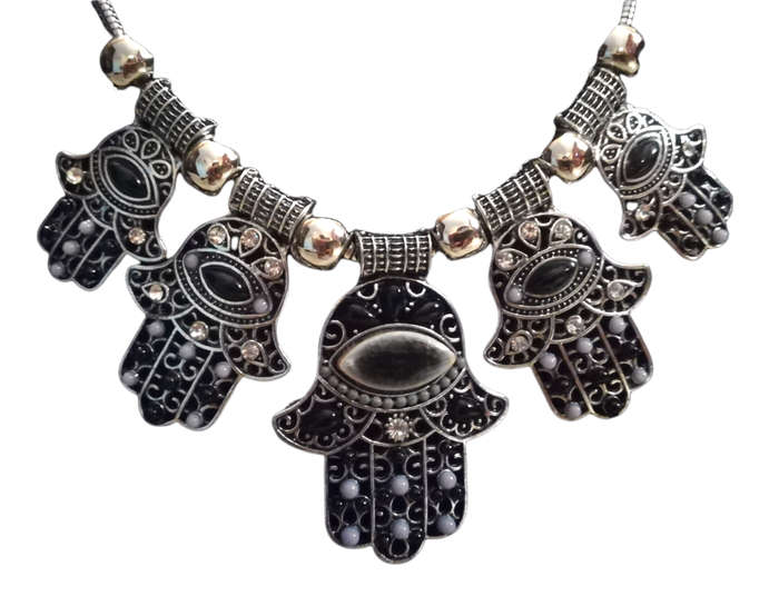 Boho Vintage Style Silver Necklace with Hamsa Design - Black and Grey
