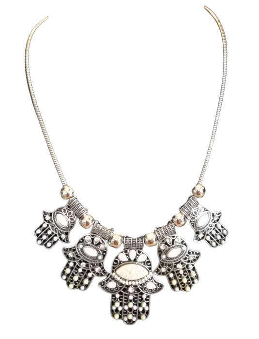 Boho Vintage Style Silver Necklace with Hamsa Design - White