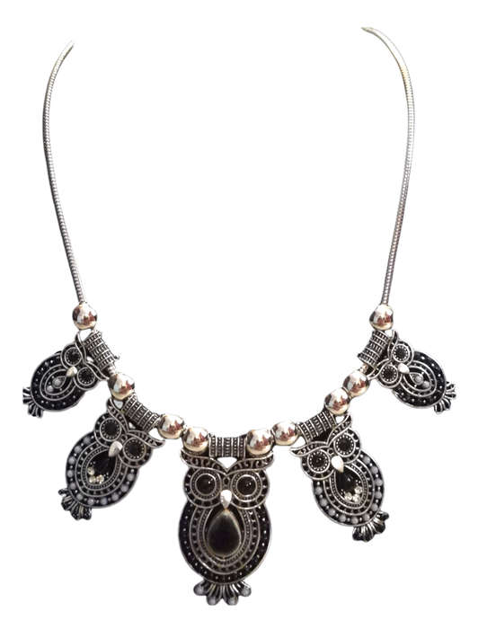 Boho Vintage Style Silver Necklace with Owl Design and Adjustable Chain - Black and Grey