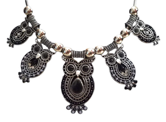 Boho Vintage Style Silver Necklace with Owl Design and Adjustable Chain - Black and Grey