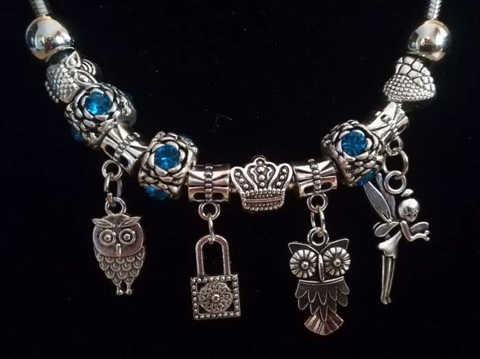 Boho Silver Charm Necklace with Fairy, Owl & Lock Charms & Adjustable Chain - Blue Rhinestone