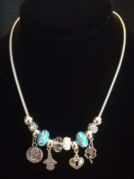 Boho Silver Charm Necklace with Angel , Clover,  Heart & Coin Charms & Adjustable Chain - Blue