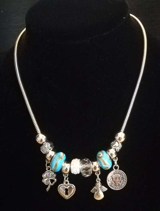 Boho Silver Charm Necklace with Angel , Clover,  Heart & Coin Charms & Adjustable Chain - Blue
