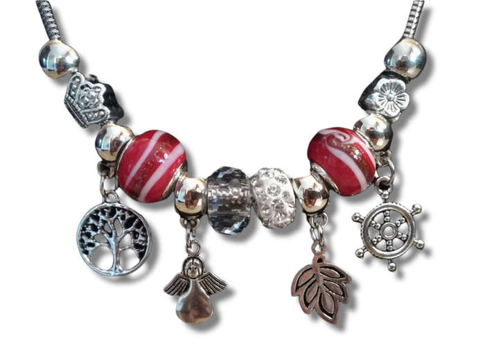 Boho Silver Charm Necklace with Angel , Tree of Life,  Leaf & Nautical Wheel Charms - Red