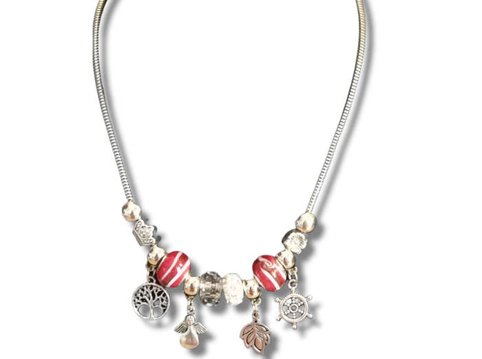 Boho Silver Charm Necklace with Angel , Tree of Life,  Leaf & Nautical Wheel Charms - Red