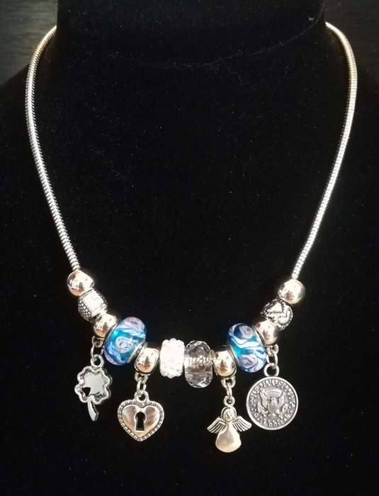 Boho Silver Charm Necklace with Angel , Clover ,  Heart & Coin Charms - Blue