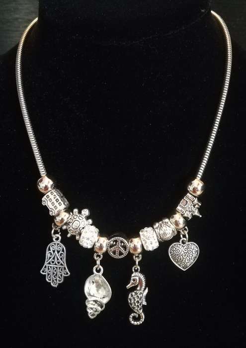 Boho Silver Charm Necklace with Hamsa , Seahorse ,  Heart & Shell Charms - White