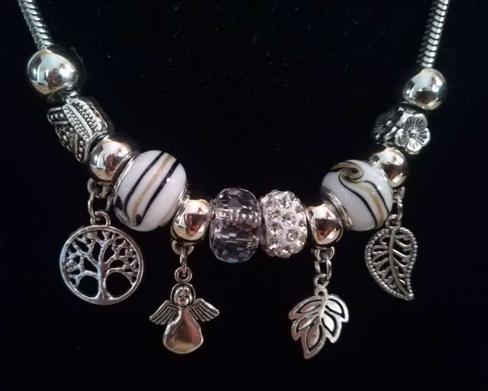 Boho Silver Charm Necklace with Tree of Life , Leaf & Angel Charms - White