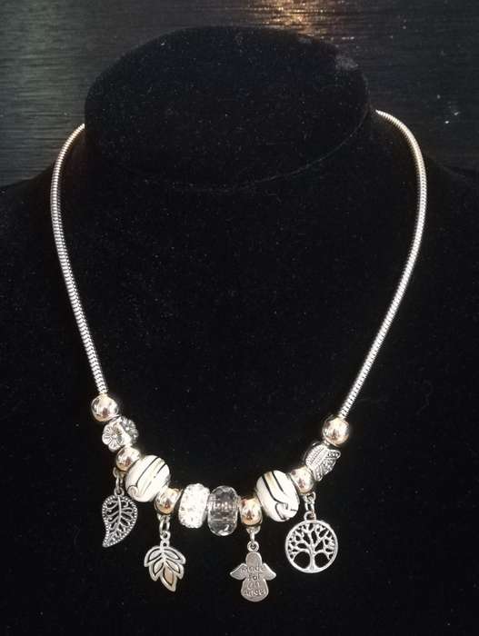 Boho Silver Charm Necklace with Tree of Life , Leaf & Angel Charms - White