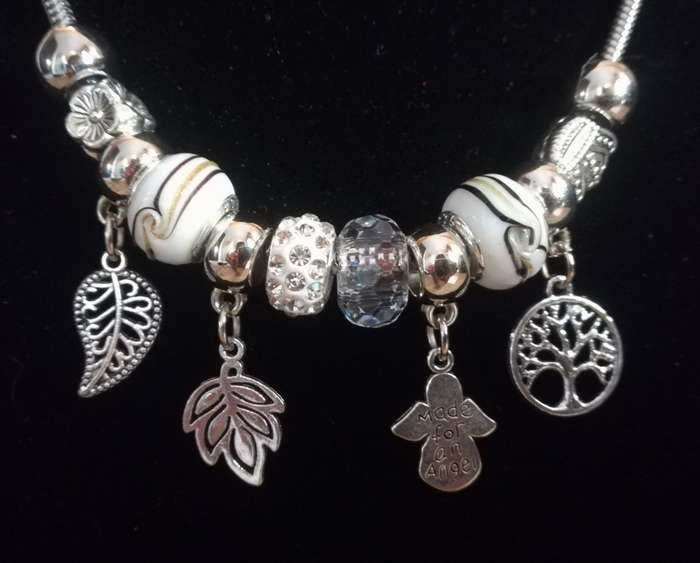 Boho Silver Charm Necklace with Tree of Life , Leaf & Angel Charms - White