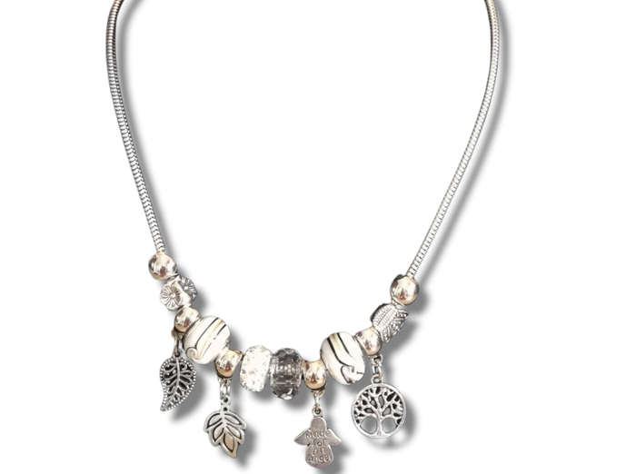Boho Silver Charm Necklace with Tree of Life , Leaf & Angel Charms - White