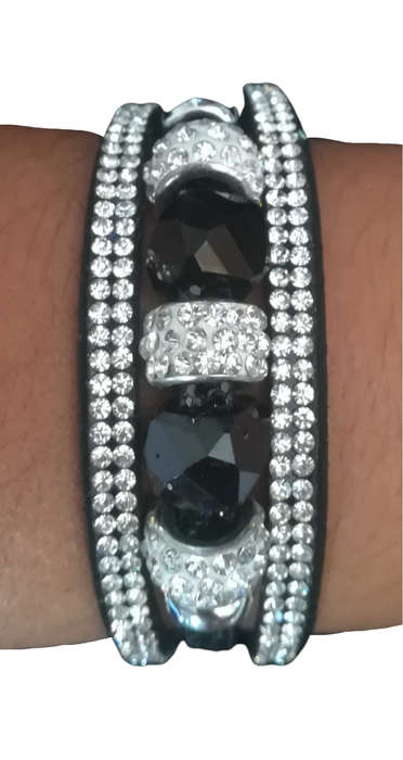 Multilayer Black Crystal Beaded & Rhinestone Vegan Leather & Suede Bracelet with Magnetic Clasp