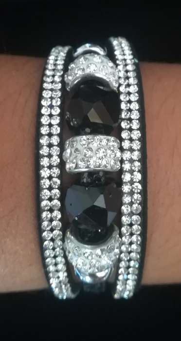 Multilayer Black Crystal Beaded & Rhinestone Vegan Leather & Suede Bracelet with Magnetic Clasp