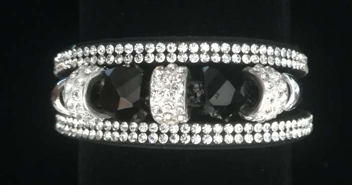 Multilayer Black Crystal Beaded & Rhinestone Vegan Leather & Suede Bracelet with Magnetic Clasp