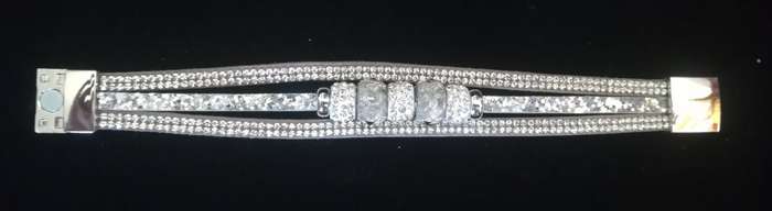 Multilayer Grey Crystal Beaded & Rhinestone Vegan Leather & Suede Bracelet with Magnetic Clasp