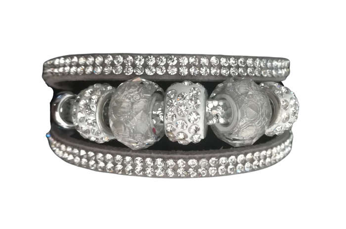 Multilayer Grey Crystal Beaded & Rhinestone Vegan Leather & Suede Bracelet with Magnetic Clasp