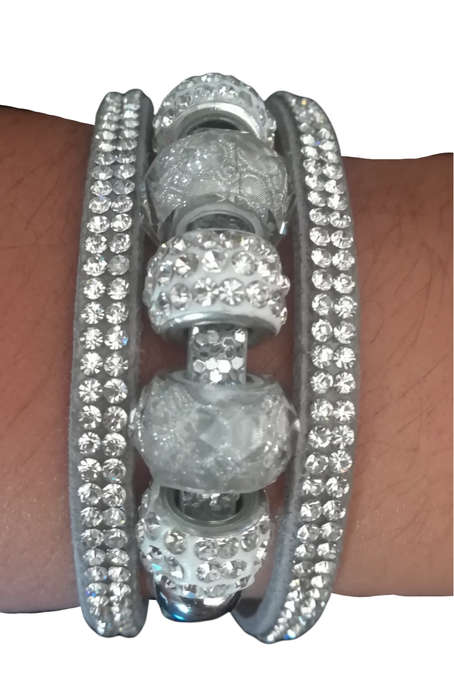 Multilayer Grey Crystal Beaded & Rhinestone Vegan Leather & Suede Bracelet with Magnetic Clasp