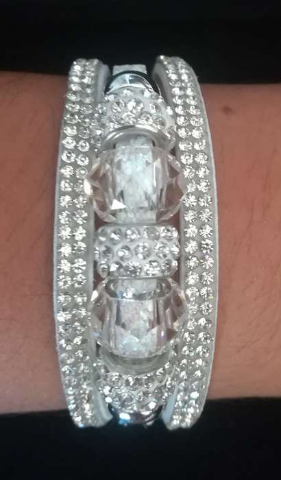Multilayer White Crystal Beaded & Rhinestone Vegan Leather & Suede Bracelet with Magnetic Clasp