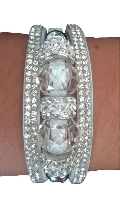 Multilayer White Crystal Beaded & Rhinestone Vegan Leather & Suede Bracelet with Magnetic Clasp