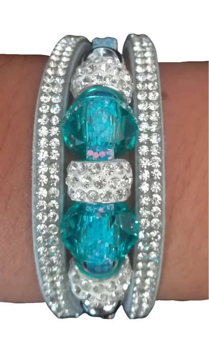 Multilayer Light Blue Crystal Beaded & Rhinestone Vegan Leather & Suede Bracelet with Magnetic Clasp