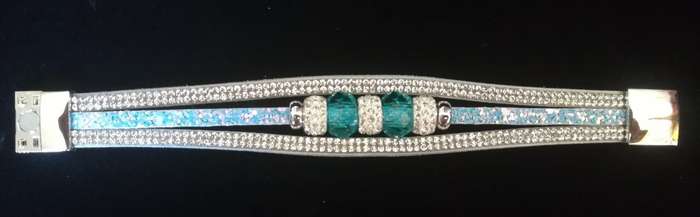 Multilayer Light Blue Crystal Beaded & Rhinestone Vegan Leather & Suede Bracelet with Magnetic Clasp