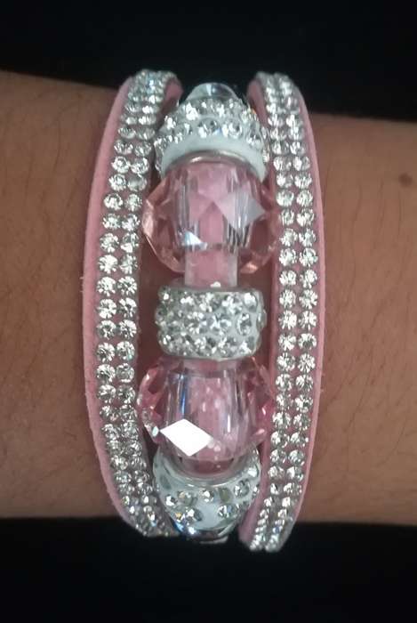 Multilayer Pink Crystal Beaded & Rhinestone Vegan Leather & Suede Bracelet with Magnetic Clasp