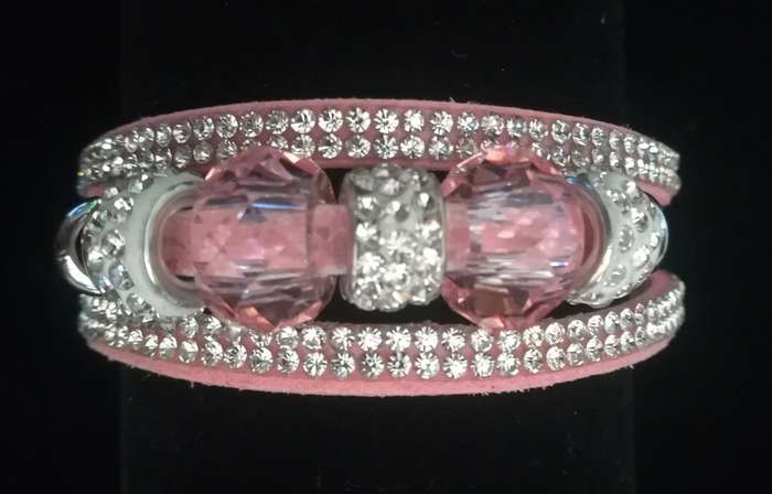 Multilayer Pink Crystal Beaded & Rhinestone Vegan Leather & Suede Bracelet with Magnetic Clasp