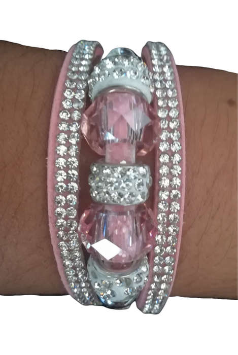 Multilayer Pink Crystal Beaded & Rhinestone Vegan Leather & Suede Bracelet with Magnetic Clasp
