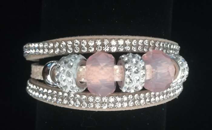 Multilayer Peach Crystal Beaded & Rhinestone Vegan Leather & Suede Bracelet with Magnetic Clasp