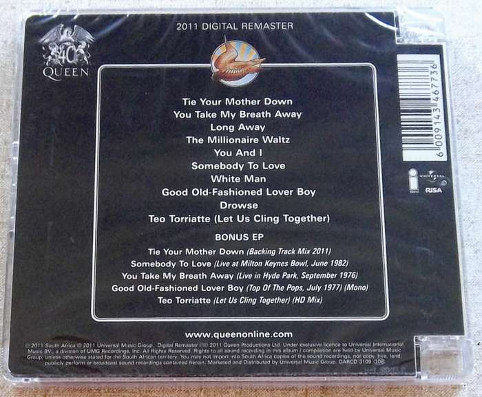 QUEEN A Day At The Races 2xCD 2011 REMASTER Remastered Deluxe Edition SOUTH AFRICA Cat# DARCD 3109