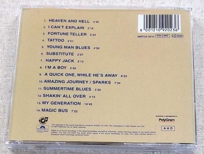THE WHO Live at Leeds SOUTH AFRICA Rare Out of Print CD Cat# MMTCD 2016