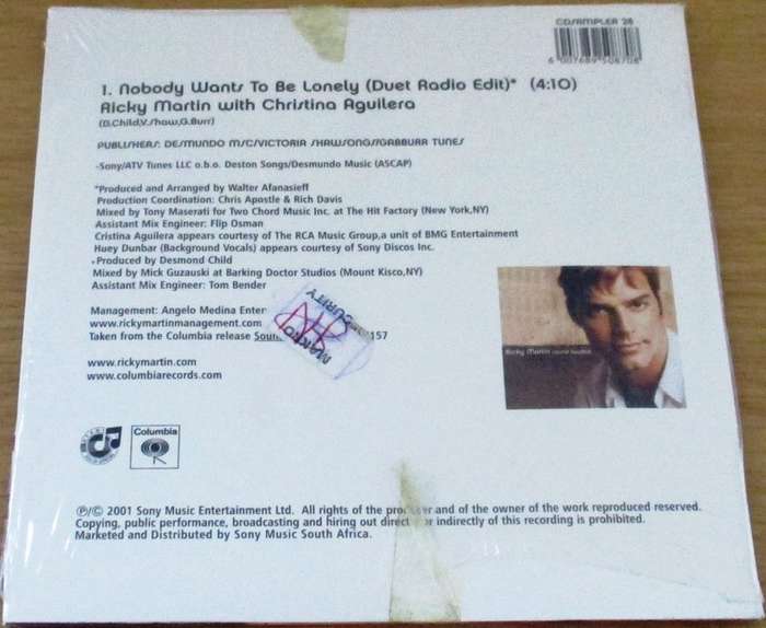 RICKY MARTIN WITH CHRISTINA AGUILERA Nobody Wants to be Lonely CD Single [Shelf BB CD singles]