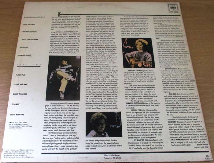JANIS IAN Restless Eyes LP VINYL RECORD [price sticker]