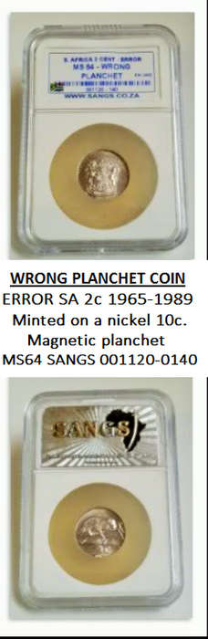 Error SA 2c- minted on a magnetic nickel 10c planchet. Graded MS64. Errors are rare in early coins