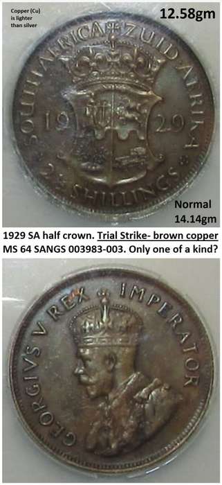 1929 South Africa Trial Strike 100% brown copper half crown. MS64. Normal: 80% silver. 1 of a kind?