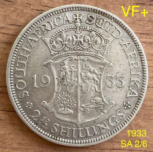 1933 SA rare date 2.5 shillings or half crown or 2/6. Nice VF condition. Value R7500. UNC is R105K