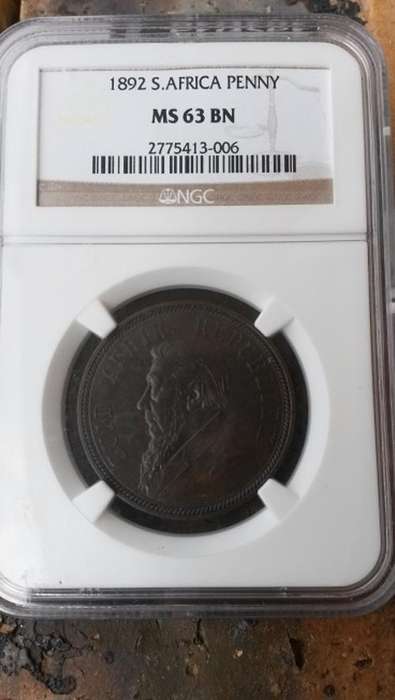 1892 ZAR Penny. Uncirculated. Graded NGC MS 63. CV for an ungraded UNC= R22 000