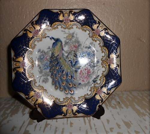 Octagonal Imari Plate. Peacocks with Cobalt blue and Gold design   me 1