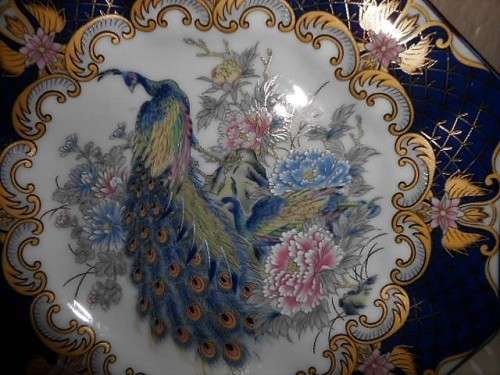 Octagonal Imari Plate. Peacocks with Cobalt blue and Gold design   me 1