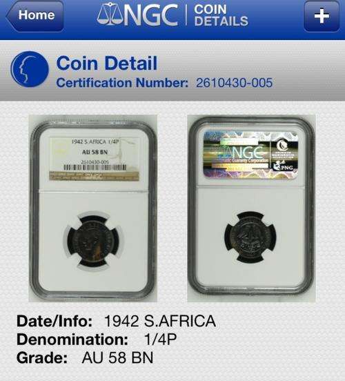 1942 SOUTH AFRICA 1/4P AU58BN - NGC CERTIFIED - VERY SCARCE IN ANY GRADE