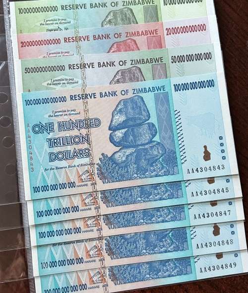 Zimbabwe $10 $20 $50 & $100 Trillion Dollar Banknote Set (UNC)