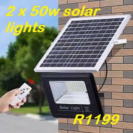 2 x 50W LED SOLAR Flood Light with Remote Control, Solar Panel, Waterproof and 1350 Lumens x 2(set)