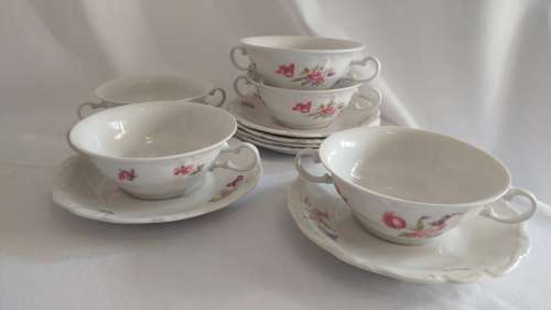 Beautiful floral Huguenot Royale Fine China collection - Soupe Coupe and underplates