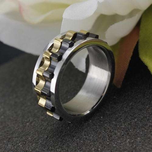 Black and Gold Gear Rotatable Ring, Stainless Steel, Mens Ring